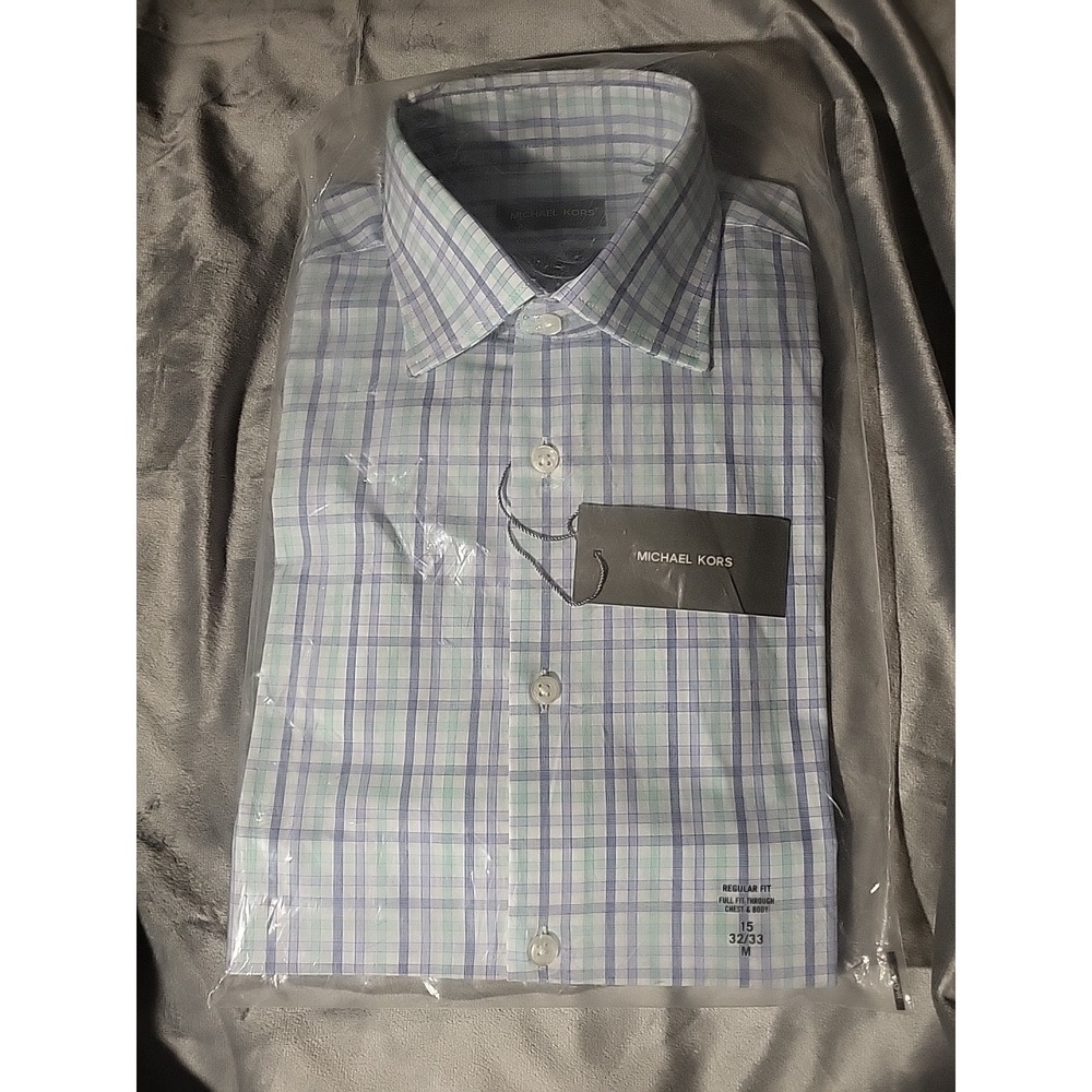 michael kors regular fit 15 32/33 m shirt pool blue plaid NEW performance wickin